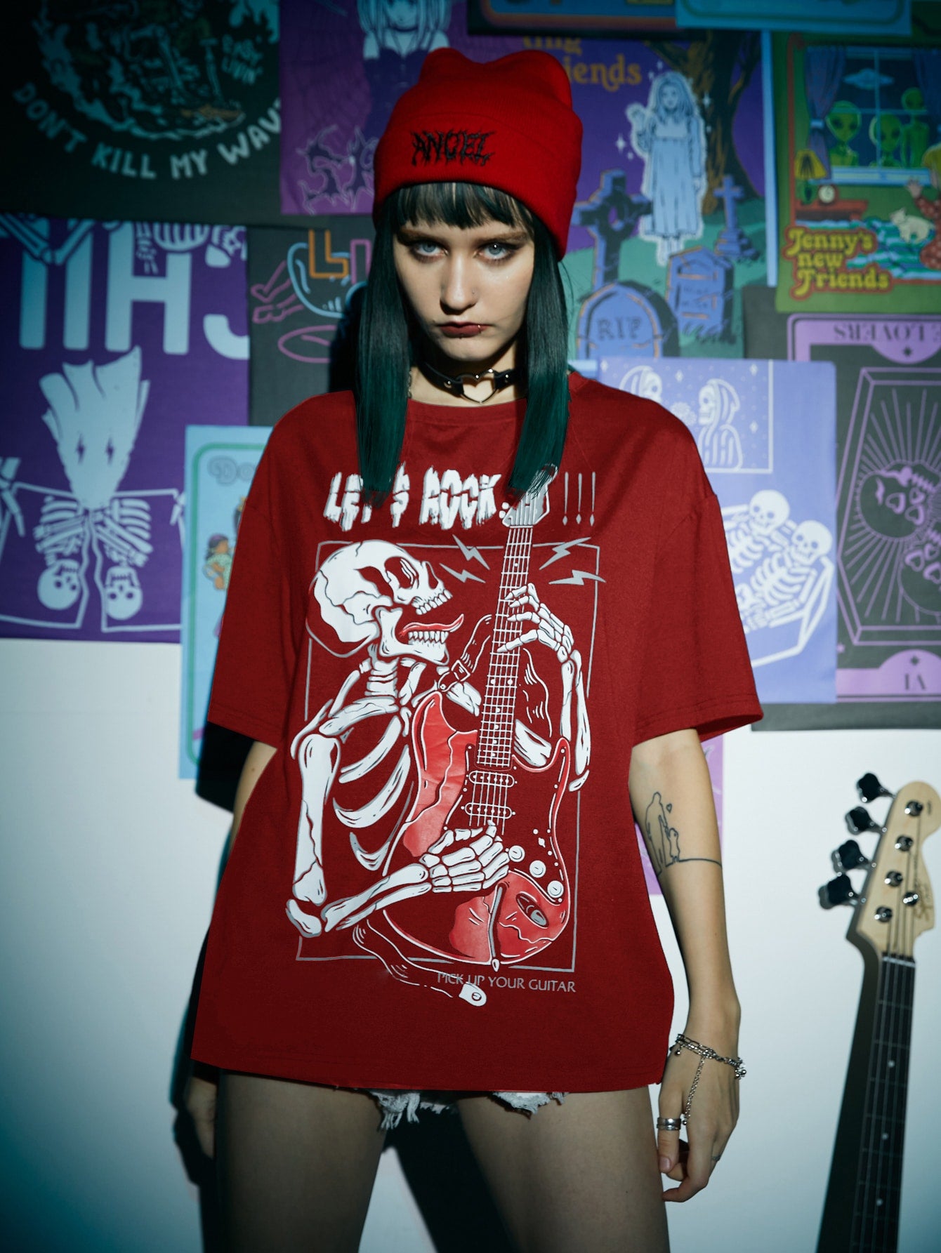 JRart Cyber Luvr Skull & Guitar Graphic Tee for Women