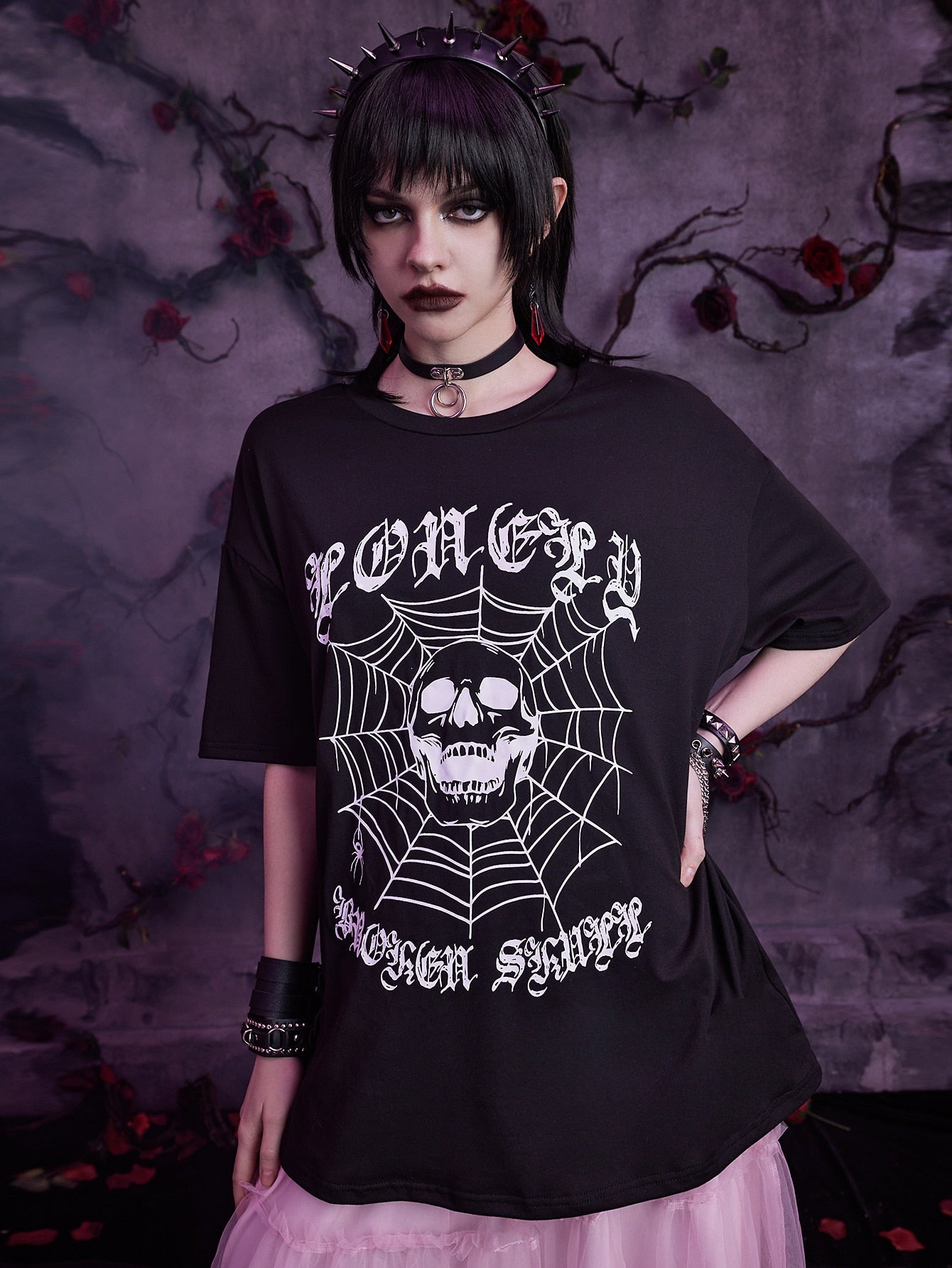 Goth Letter Skull Graphic Drop Shoulder Tee for Women
