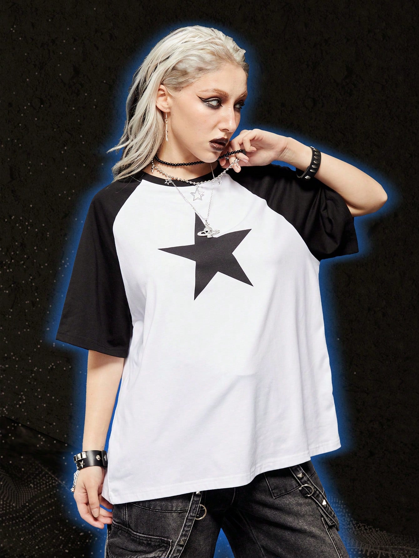 Grunge Punk Star Print Raglan Sleeve Tee