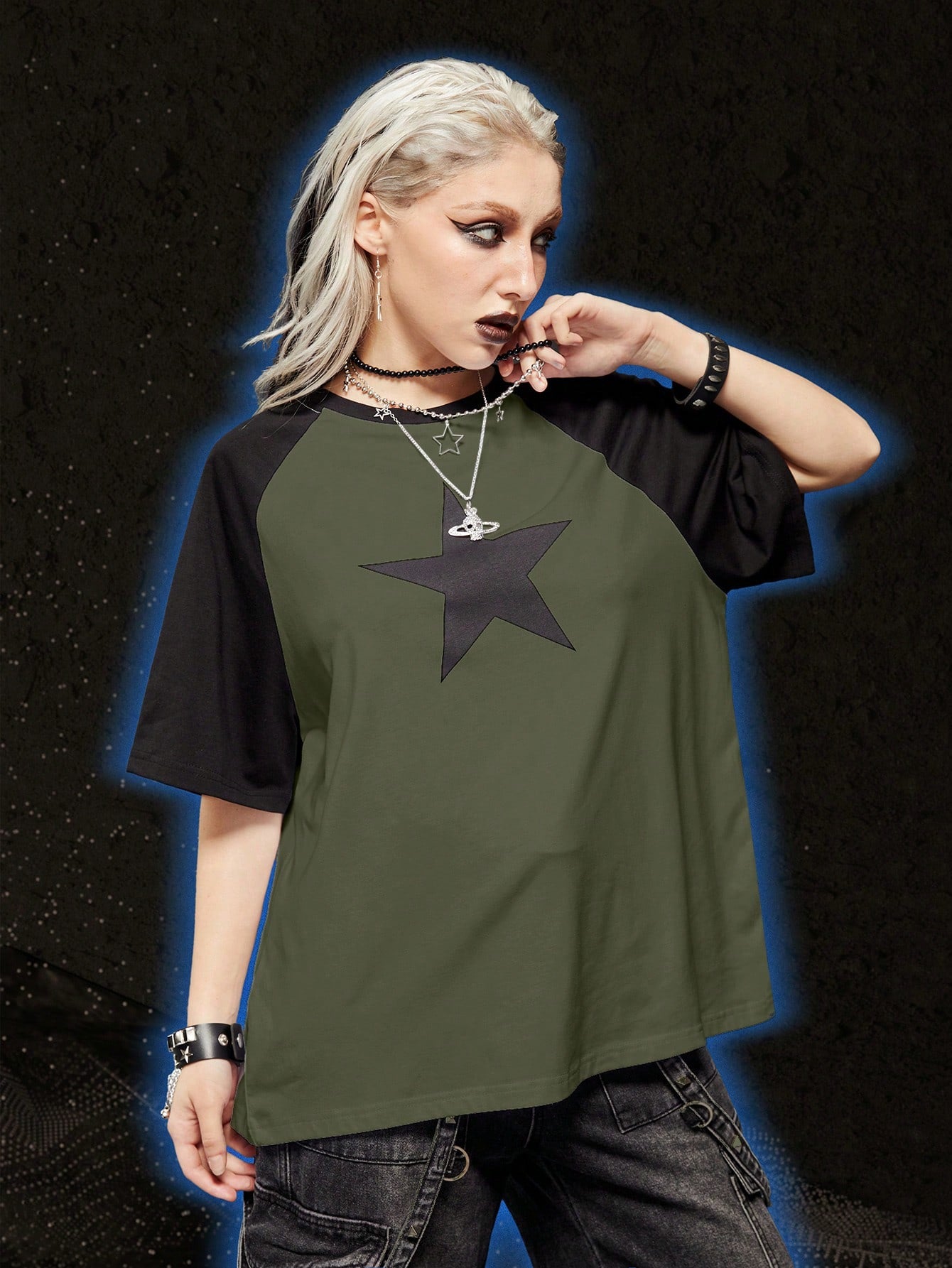 Grunge Punk Star Print Raglan Sleeve Tee