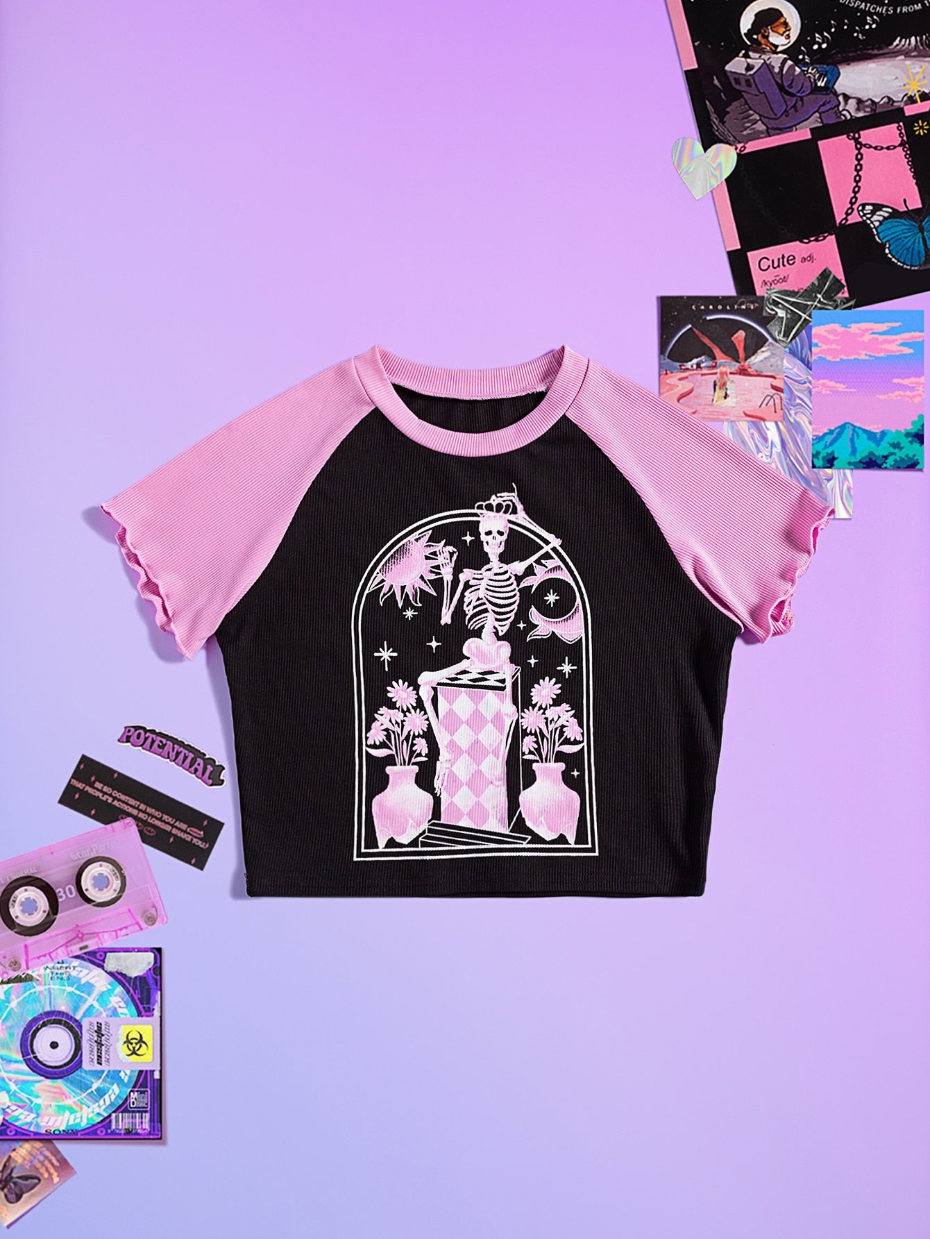 Anime Skull & Floral Graphic Colorblock Tee