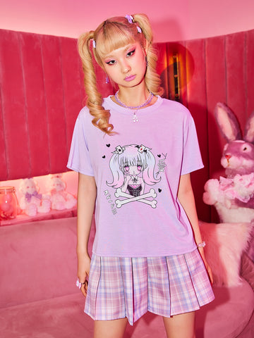 Kawaii Figure & Skeleton Graphic Tee for Women